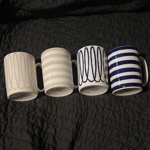 Blue and White Striped Ceramic Mug Set